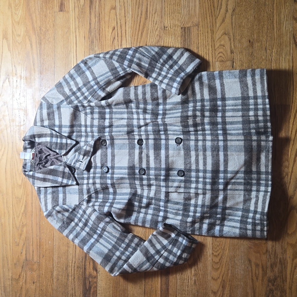 Sundance cream brown plaid wool blend double breasted peacoat